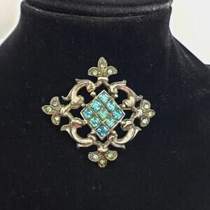 Diamond Shaped Brooch Aqua Turquoise Rhinestones Pin Vintage 1940s Silver Tone
